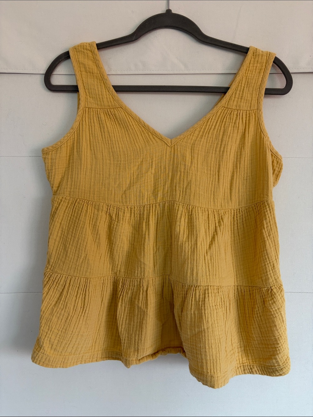 Marine Layer Mustard Yellow Tiered V-Neck Sleeveless Camisole in Crinkle Gauze